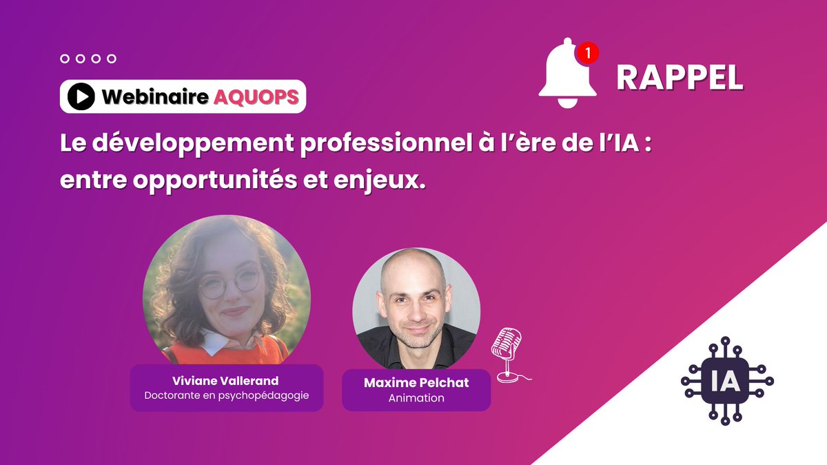 📢 RAPPEL | Demain midi, on jase IA et DP!
22 mai, 12 h à 13 h
Avec Viviane Vallerand (OBVIA), animée par Maxime Pelchat (CADRE21)
Gratuit. En ligne. Pour réfléchir aux impacts concrets de l’IA en éducation.
👉 streamyard.com/watch/ckiCDUUy…