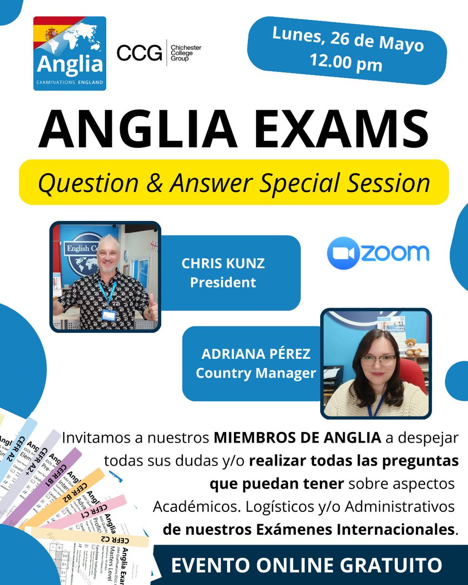 AngliaSpain's tweet photo. 📷 Invitamos a todos nuestros centros miembros de Anglia Spain a un espacio exclusivo para resolver dudas y realizar todas sus preguntas sobre aspectos académicos, logísticos y administrativos de nuestros exámenes internacionales Anglia.

📷 https://t.co/bCKoArd2md https://t.co/rMMECP0CEU