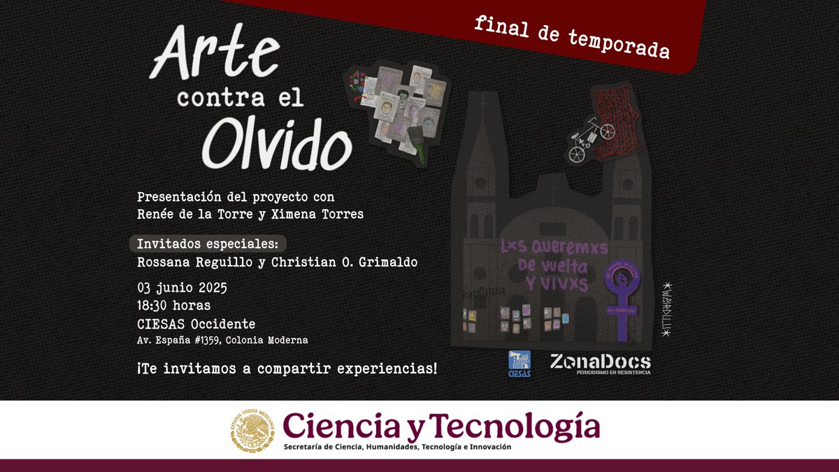 Presentación, final de temporada "Arte contra el olvido". Renée de la Torre y Ximena Torres tienen invitados: Rossana Reguillo y Christian O, Grimaldo.
📅03 junio 2025
⏰18:30 horas 🇲🇽
Facebook🎥 #CIESAS_Occidente
Auditorio Guillermo de la Peña📍Av. España 1359, Moderna, GDL