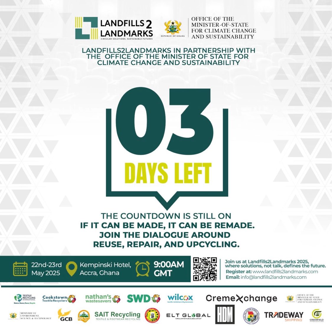 L2L_Summit26's tweet photo. Just 3 days to go until #Landfills2Landmarks2025 kicks off in Accra!
Join the movement for reuse, repair & upcycling in fashion.
๐ 22โ23 May | ๐ Kempinski, Accra | ๐ 9AM GMT
๐ Register: https://t.co/mmBHvxEidw
#SustainableFashion #CircularAfrica #ReuseRepairUpcycle https://t.co/bJOtoLjgr2
