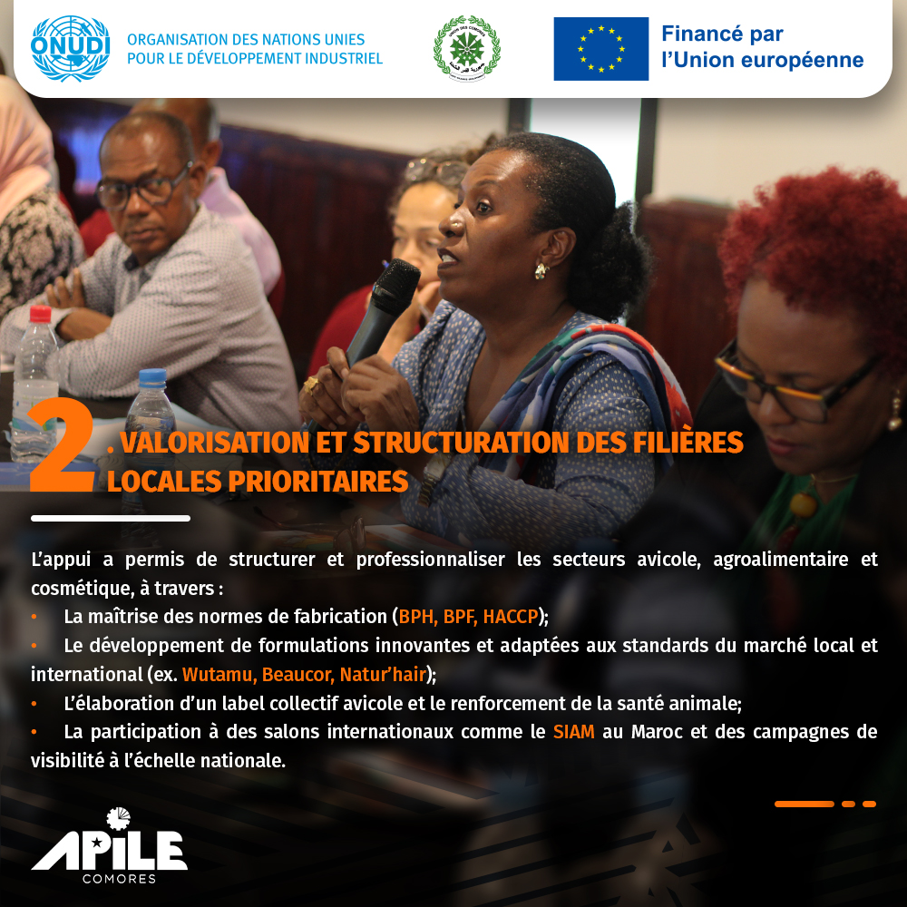 ApileComores's tweet photo. 📍 Le COTECH du 13 mai 2025 au Retaj a mis en lumière les impacts positifs du projet #APILE porté par l’#ONUDI aux Comores. Voici 4 faits marquants 👇
@UNIDO #UE🇰🇲 #Comores #IndustrieLocale https://t.co/KOy8Zb2FHE