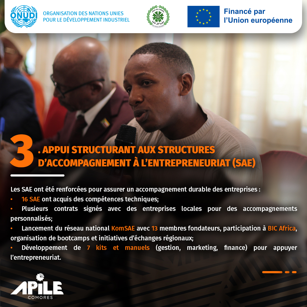 ApileComores's tweet photo. 📍 Le COTECH du 13 mai 2025 au Retaj a mis en lumière les impacts positifs du projet #APILE porté par l’#ONUDI aux Comores. Voici 4 faits marquants 👇
@UNIDO #UE🇰🇲 #Comores #IndustrieLocale https://t.co/KOy8Zb2FHE