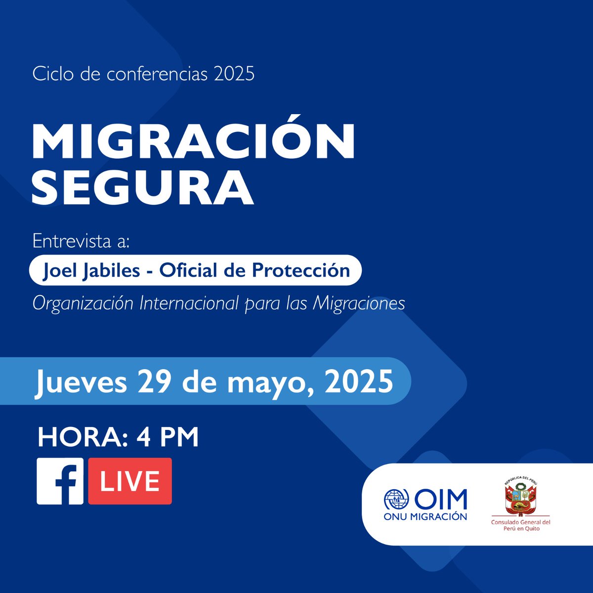 El Consulado General del Perú en Quito los invita cordialmente a participar de esta charla que se llevará a cabo por nuestra página oficial en Facebook.

¡Los esperamos!