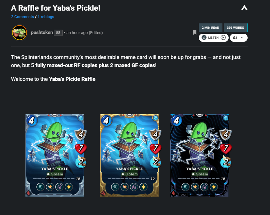 R82Steve's tweet image. Look a community Raffel, this is what sets #splinterlands apart. Many of the players of this crypto game go on to build projects, do events, or make content.  @_cryptoeater  and the @PNS_BNB  are doing this, will you enter and burn some $SPS and maybe win Yaba's Pickle?