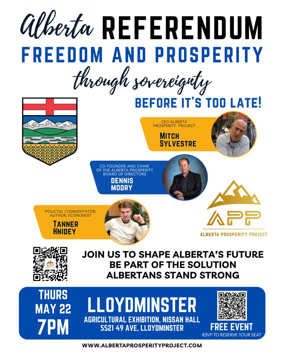 APP Town Hall: Let’s Talk Prosperity at LLOYDMINSTER.

Join us for a conversation about Alberta's future.
We are working to educate and unite citizens around the idea of a stronger, more self-reliant Alberta.

Thursday, May 22 @ 7 PM