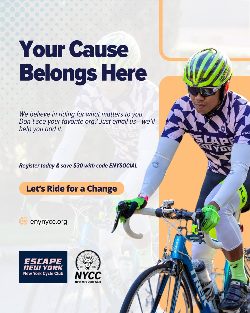 Don't see your favorite org listed? We’ll help you add it. Just email enyridedirector@nycc.org 💌 Use code ENYSOCIAL for $30 off registration and receive a year's membership to NYCC bit.ly/4hYCTl4  Please Share! 🫶 #ENYGivesBack #CommunityMatters