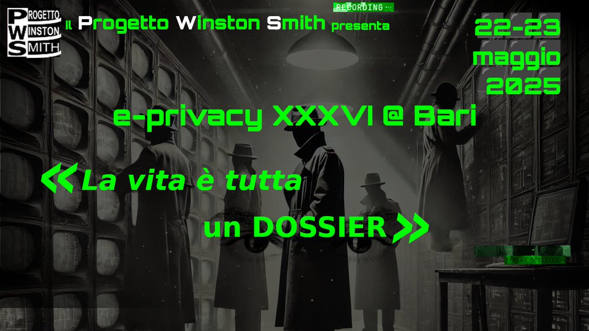 Il 22 e 23 si terrà a Bari e-privacy 2025 summer edition. 
Il tema guida della XXXVI edizione è:

«La vita è tutto un dossier»

Il convegno si svolgerà presso la Facoltà di Giurisprudenza in Piazza C. Battisti 1 Bari, Aula Aldo Moro piano terra.
e-privacy.winstonsmith.org