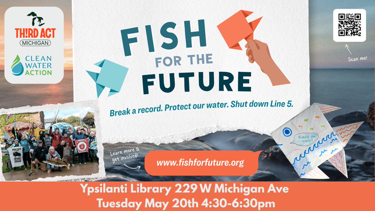 CleanWaterMI's tweet photo. TODAY in Ypsilanti - help break a world record for origami fish & raise awareness about protecting our #GreatLakes!
Join us and @ThirdActOrg MI at @ypsilibrary on Michigan Avenue between 4:30-6:30pm. β₯οΈπ
Can't make it? Go to https://t.co/qjslmHYeLW to get involved! https://t.co/yetexmPb0y