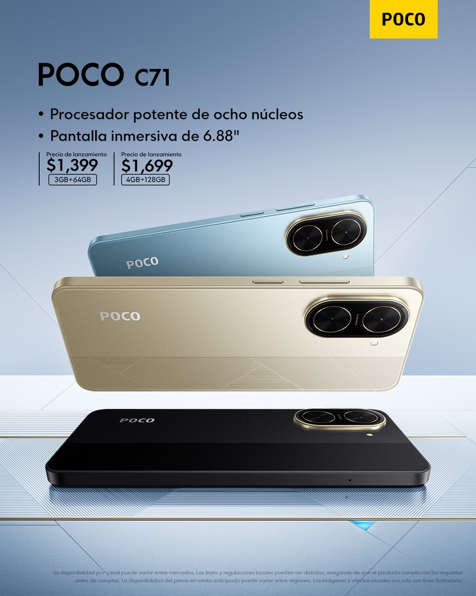 📷 Tu zona de juego acaba de crecer. 
Navega entre apps con potencia de ocho núcleos 📷y maratonea tranquilo en su pantalla cinemática de 6.88" con certificación TÜV. 
📷 #POCOC71 📷

Venta anticipada:
3GB+64GB → $1,399 
4GB+128GB → $1,699