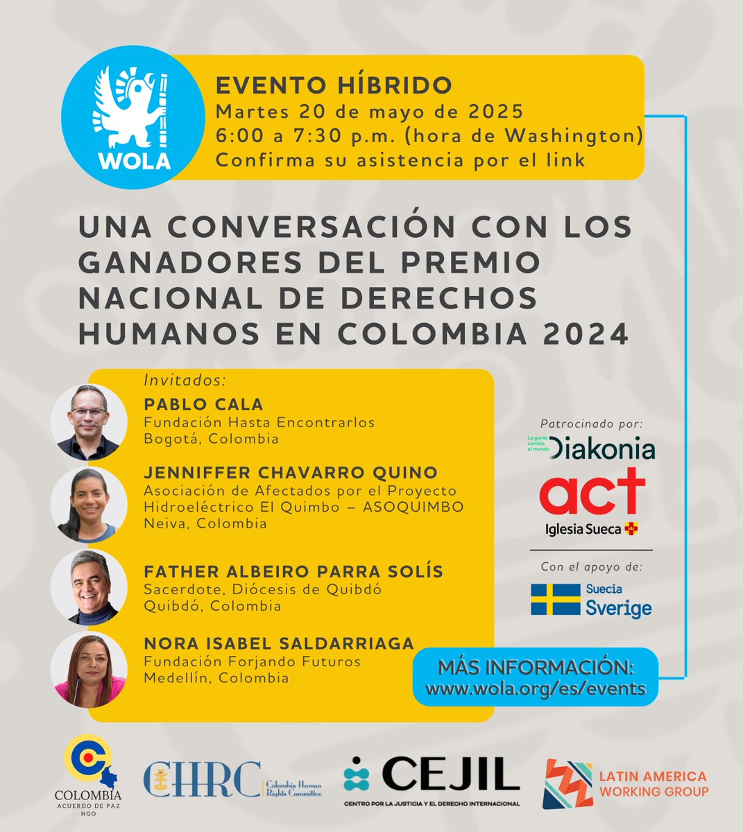 🎉 ¡ESTA NOCHE! 🎉

Acompáñanos en línea o en persona, para escuchar a las personas reconocidas con el Premio Nacional de Derechos Humanos 2024 en Colombia. 🇨🇴✨

🕕 6:00 PM 
📍 Oficina de WOLA: 1666 Connecticut Ave. NW o por Zoom
✅ Regístrate aquí: action.wola.org/a/conversation…