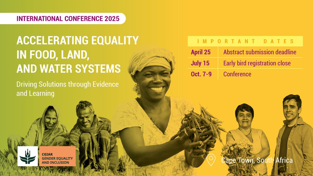 Calling on researchers, policymakers, practitioners, and civil society 🔇 
Come showcase your research, share real-world solutions, and contribute to advancing equality in food, land, and water system at the #AcceleratingEqualityinAg conference

👉 bit.ly/4hv29OT <a href="/CGIAR/">CGIAR</a>