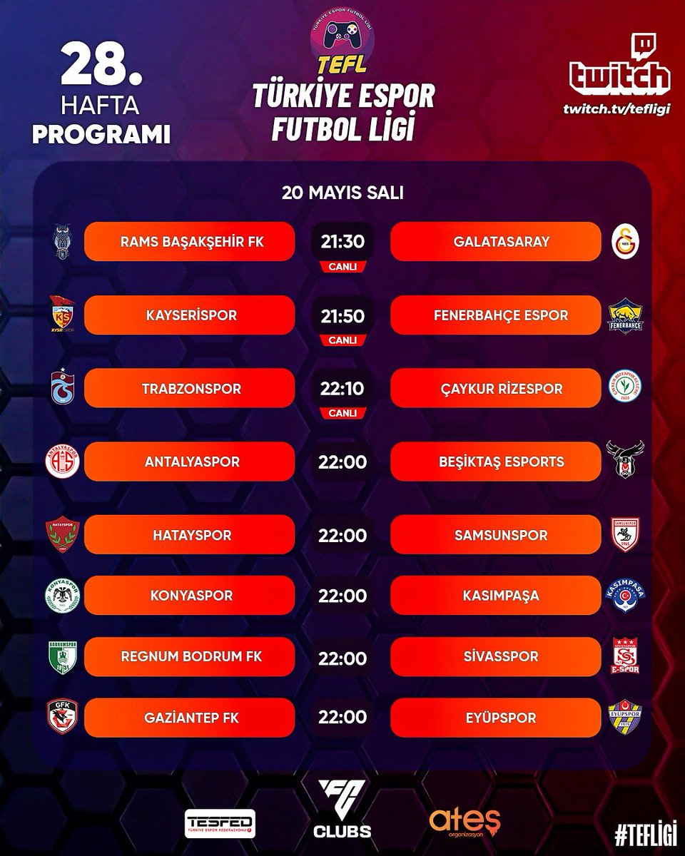 🔥⚽️🎮 TEFL 28. Hafta – Günün Programı
Türkiye Espor Futbol Ligi’nde 28. hafta heyecanı bu akşam kaldığı yerden tam gaz devam ediyor! Her biri ayrı bir mücadeleye sahne olacak tam 9 karşılaşma bizleri bekliyor! Üstelik 3 kritik maç canlı yayında twitch.tv/tefligi kanalında