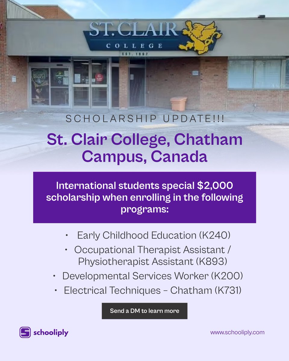 SchooliplyHQ's tweet photo. πDM βScholarshipβ to get details!
St. Clair College (Chatham Campus) is offering a special $2,000 scholarship for international students in select programs.
#Schooliply #HumanSquad #StudyInCanada #AlexanderCollege #Scholarships #internationalstudents https://t.co/AHth4tuaU1
