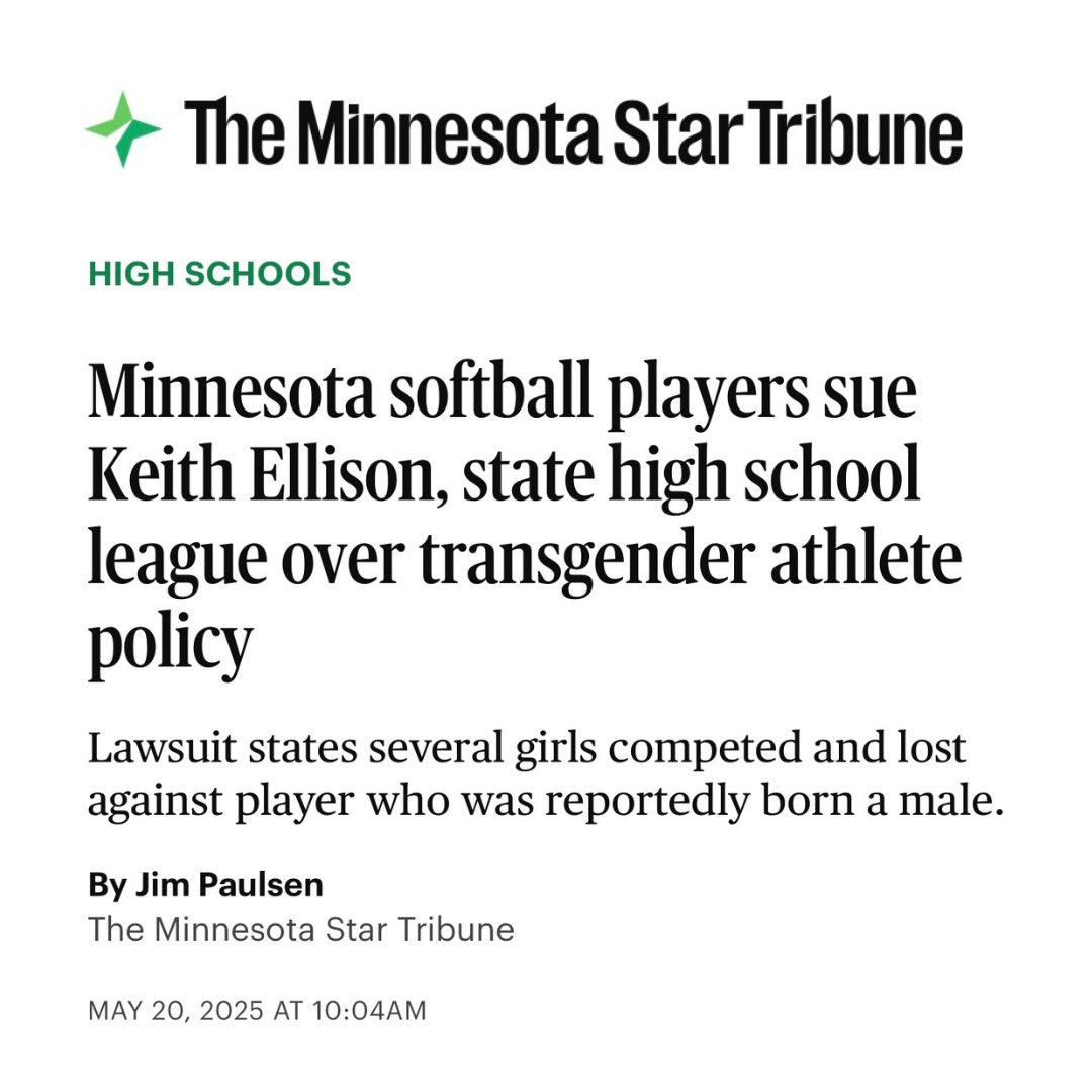 🚨 BREAKING: A group of Minnesota girls’ softball players are suing Attorney General Keith Ellison and the state high school league over the transgender athlete policy.

Bravo to these brave athletes! 👏🏻👏🏻👏🏻