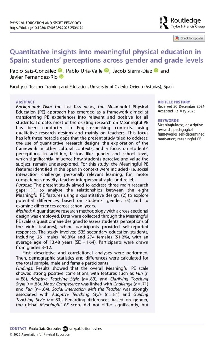 SaizGonzalezP's tweet photo. 📢 New study on Meaningful PE! All 8 features identified in the Spanish context strongly correlate with meaningfulness, which appears to be shaped by gender, class size and grade level. Thanks @uria_17, @JacobSierraDiaz &amp; @javier_rio1 

50 free copies: https://t.co/DPmhddWa2u https://t.co/xZ1Rz0y9Pl