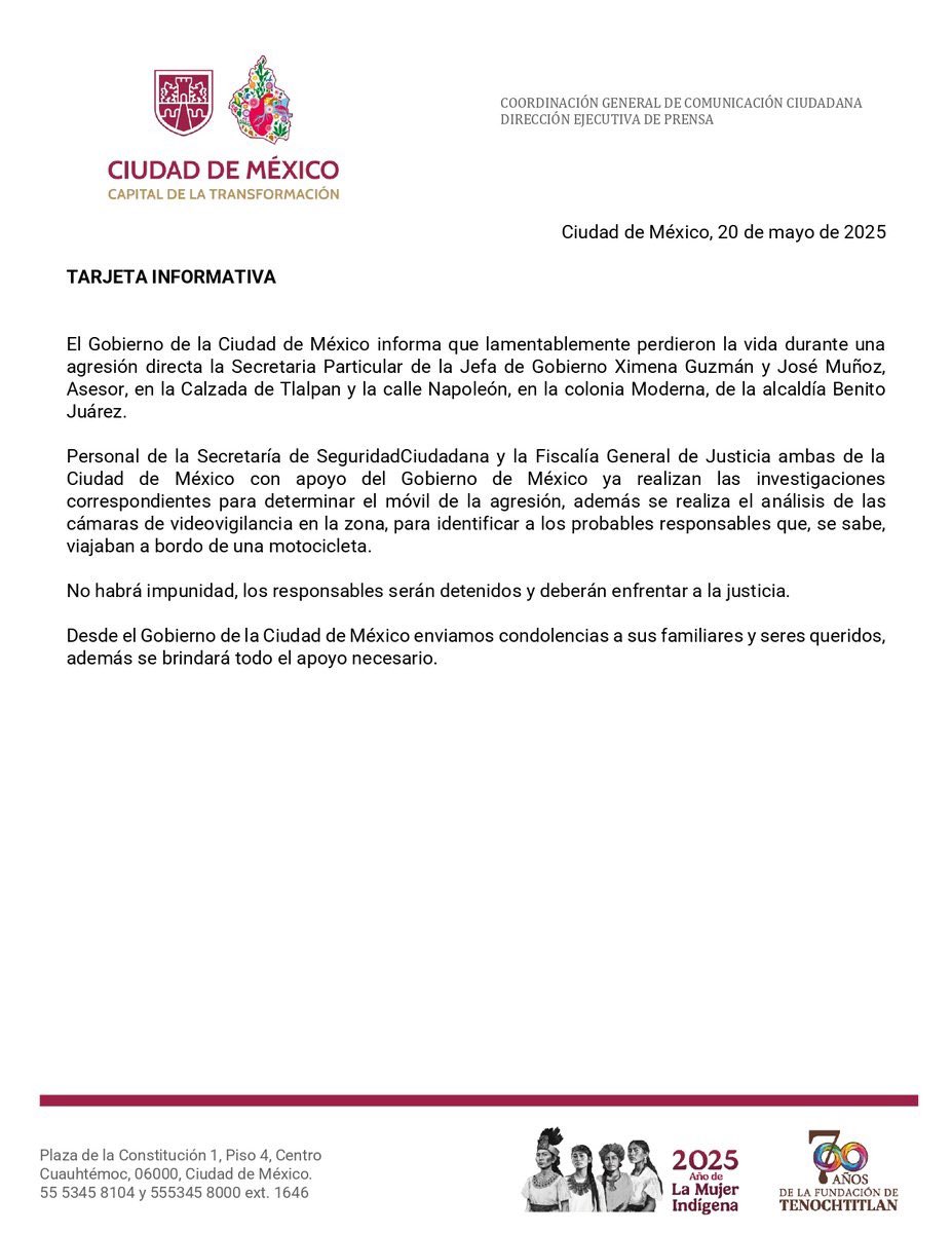 CivicosMx's tweet photo. #ULTIMAHORA| Terribles los resultados de la política de  brazos no balazos y no hacer que se respete la ley

Esta mañana asesinaron a la secretaria particular de la jefa de gobierno de la #CDMX, Clara Brugada, a Ximena Guzmán y a su asesor José Muñoz, en la calzada de Tlalpan.

La ola de inseguridad ya alcanzó al gobierno, ¿Que les espera a los ciudadanos comunes?

¿Está incertidumbre queremos para este país? 

Es hora de cambiar la dirección