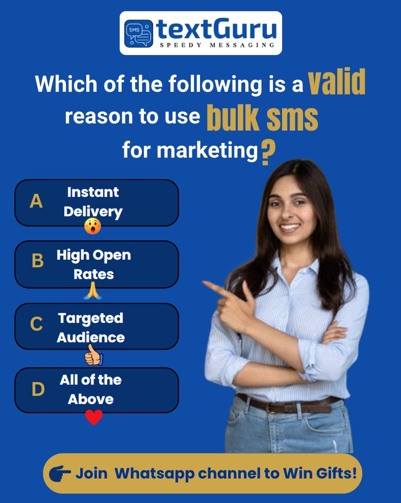 textguru_in's tweet photo. Which of the following is a valid reason to use Bulk SMS for marketing? 🤔📲

A) Instant Delivery 😲
B) High Open Rates 🙏
C) Targeted Audience 👍
D) All of the Above ❤️

👇 Comment your answer below and...

🎁 Join our WhatsApp Channel to Win Exciting Gifts! https://t.co/mcmbS31MpO