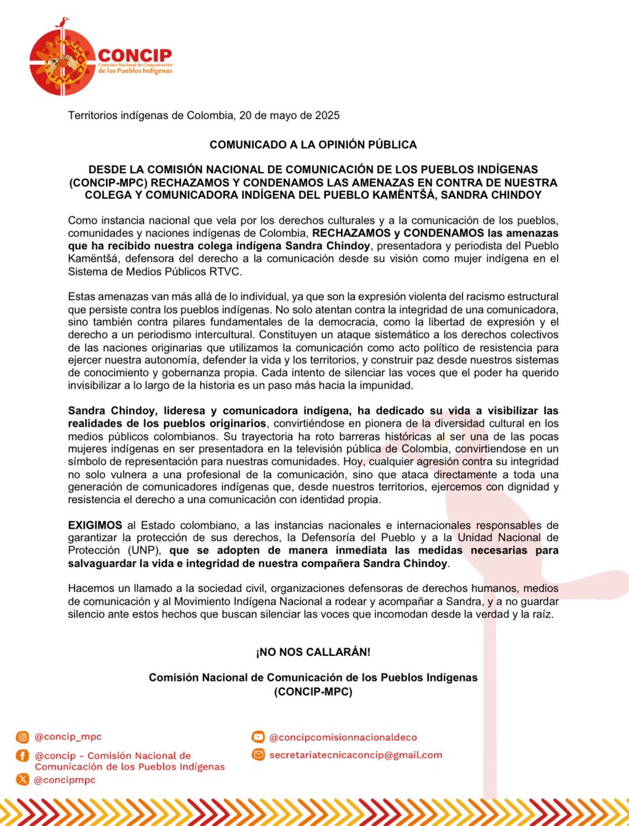 Comisión Nal. Comunicación Pueblos Indígenas (@concipmpc) on Twitter photo RECHAZAMOS y CONDENAMOS las amenazas que ha recibido nuestra colega indígena <a href="/sandra_chindoy/">Sandra Chindoy</a>, presentadora y periodista del Pueblo Kamëntšá. <a href="/DefensoriaCol/">Defensoría del Pueblo</a> <a href="/petrogustavo/">Gustavo Petro</a> <a href="/RTVCnoticias/">RTVC Noticias</a> <a href="/ONUHumanRights/">ONU Derechos Humanos Colombia</a>
🔗 Lee el comunicado completo en nuestra página web: goo.su/pGRzl RECHAZAMOS y CONDENAMOS las amenazas que ha recibido nuestra colega indígena <a href="/sandra_chindoy/">Sandra Chindoy</a>, presentadora y periodista del Pueblo Kamëntšá. <a href="/DefensoriaCol/">Defensoría del Pueblo</a> <a href="/petrogustavo/">Gustavo Petro</a> <a href="/RTVCnoticias/">RTVC Noticias</a> <a href="/ONUHumanRights/">ONU Derechos Humanos Colombia</a>
🔗 Lee el comunicado completo en nuestra página web: goo.su/pGRzl