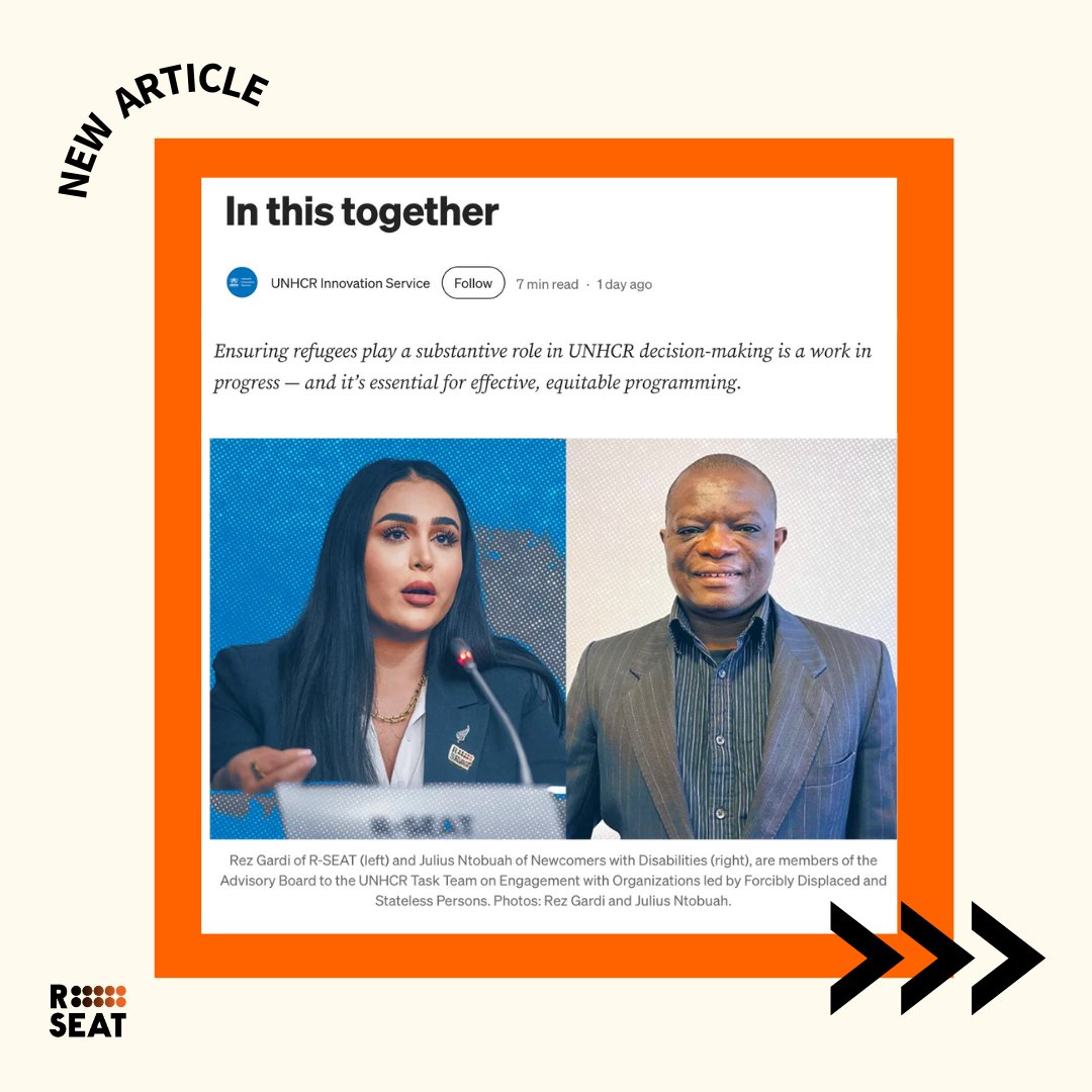 R-SEAT: Refugees Seeking Equal Access at the Table (@refugeesseat) on Twitter photo R-SEAT’s Co-Managing Director, <a href="/RezGardi/">Rez Gardi</a>, was featured alongside Julius Ntobuah <a href="/ntobuah/">ntobuah julius mveny</a> from Newcomers with Disabilities in a recent UNHCR Innovation Service piece spotlighting the first UNHCR Global Advisory Board.
This pioneering cohort of 17 refugee, internally displaced, R-SEAT’s Co-Managing Director, <a href="/RezGardi/">Rez Gardi</a>, was featured alongside Julius Ntobuah <a href="/ntobuah/">ntobuah julius mveny</a> from Newcomers with Disabilities in a recent UNHCR Innovation Service piece spotlighting the first UNHCR Global Advisory Board.
This pioneering cohort of 17 refugee, internally displaced,
