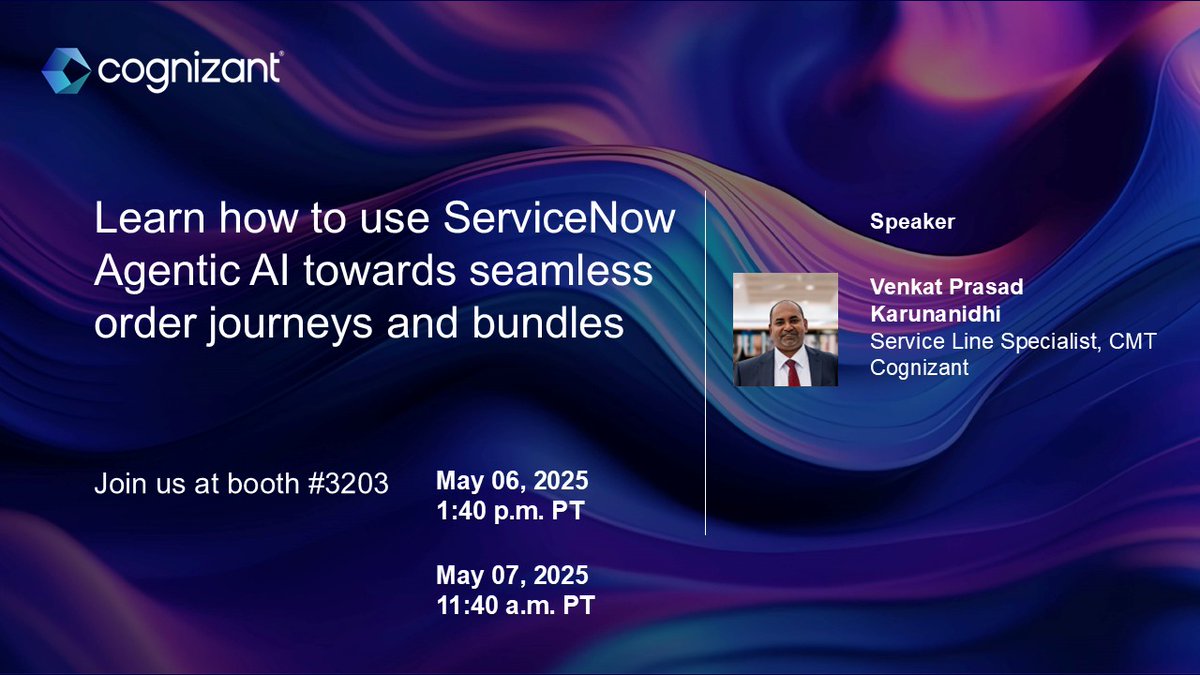 barronton's tweet photo. Connect with Cognizant at the ServiceNow Knowledge 2025 conference in Las Vegas happening now! Visit booth #3203 for Agentic AI in Action and Smarter Service Assurance demos with ServiceNow. https://t.co/FbDEaj2G7W #BeCognizant #servicenow #thirdera #snbg #Know25 https://t.co/63FeZjioeh