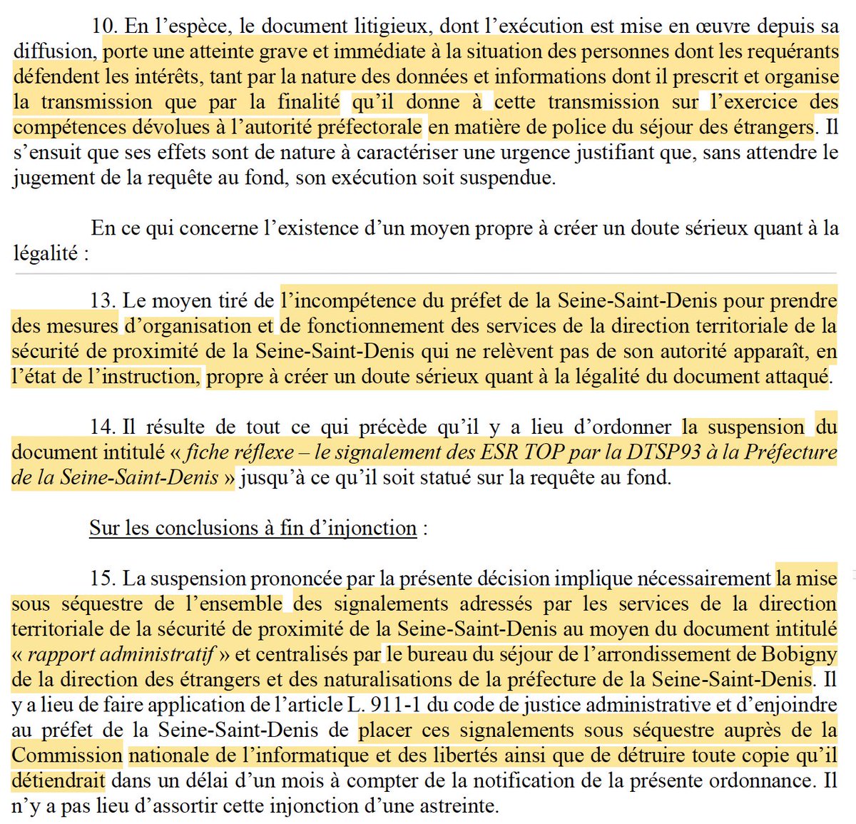 Nicolas Hervieu (@n_hervieu) on Twitter photo Fichage d'étrangers : En référé, la création par le <a href="/Prefet93/">Préfet de la Seine-Saint-Denis</a> d'un dispositif de « signalement » d'étrangers en situation *régulière* est suspendu.
Car doute sérieux sur la compétence du préfet.
(Avec une injonction originale: Mise sous séquestre des données auprès de la <a href="/CNIL/">CNIL</a>) Fichage d'étrangers : En référé, la création par le <a href="/Prefet93/">Préfet de la Seine-Saint-Denis</a> d'un dispositif de « signalement » d'étrangers en situation *régulière* est suspendu.
Car doute sérieux sur la compétence du préfet.
(Avec une injonction originale: Mise sous séquestre des données auprès de la <a href="/CNIL/">CNIL</a>)