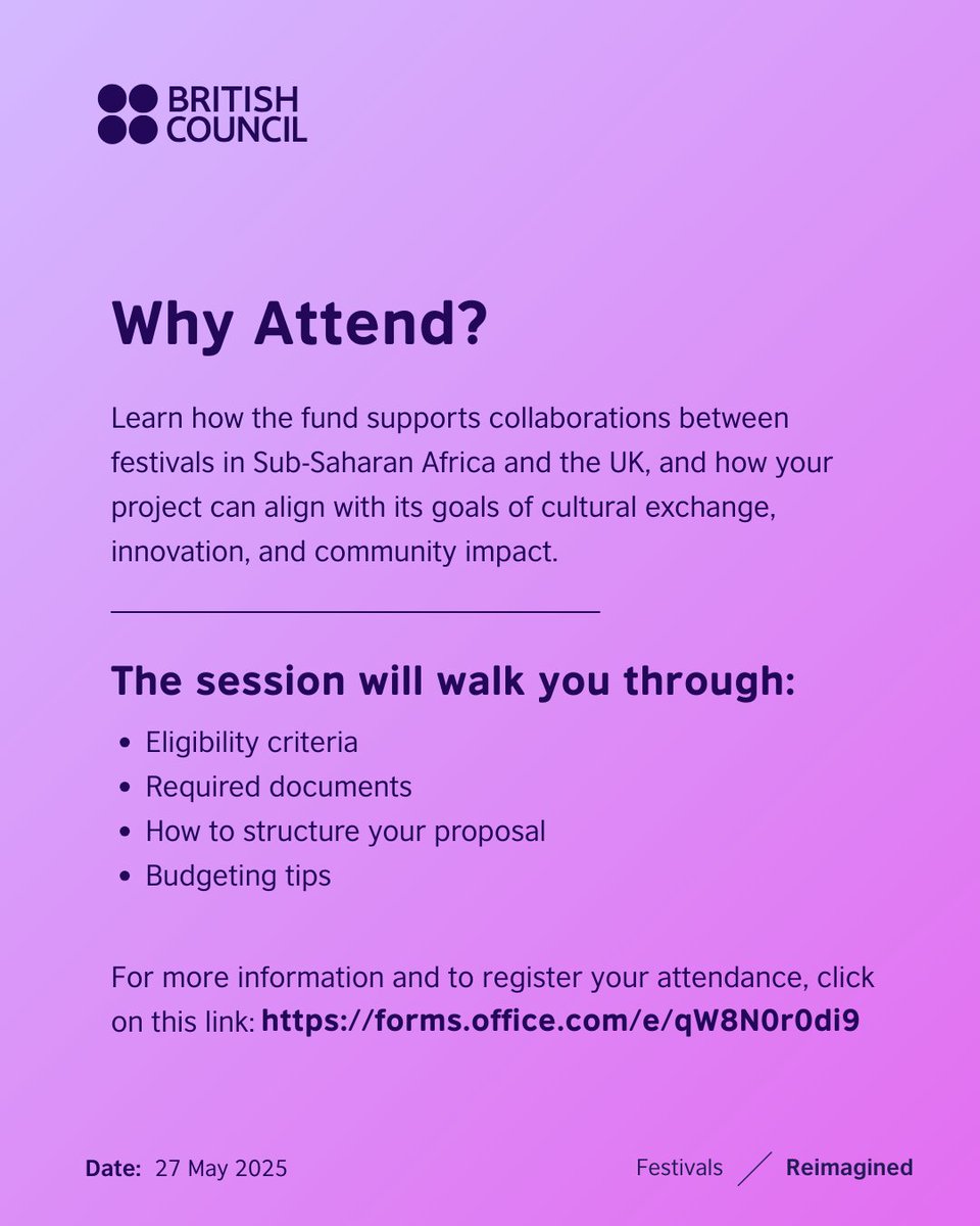 🎉 Join the British Council info session on the Festival Connect Fund!

Discover how to access grants for arts festivals in Africa &amp; the UK.

📅 Learn about eligibility, proposals, budgeting &amp; more.
🔗 Register: forms.office.com/e/qW8N0r0di9

#FestivalConnectFund #ArtsGrants