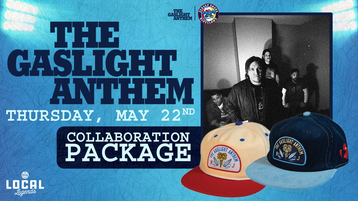 The Gaslight Anthem (@gaslightanthem) on Twitter photo Our collab w/ the <a href="/BlueClaws/">Jersey Shore BlueClaws</a> + Local Legends drops this Thurs, 5/22 ⚾🎸 Get your ticket + merch package now- includes a limited edition hat and a seat for the game against the Brooklyn Cyclones. We’ll be there, there’ll be fireworks, and it’s gonna rule!! bit.ly/3SeKPn0 Our collab w/ the <a href="/BlueClaws/">Jersey Shore BlueClaws</a> + Local Legends drops this Thurs, 5/22 ⚾🎸 Get your ticket + merch package now- includes a limited edition hat and a seat for the game against the Brooklyn Cyclones. We’ll be there, there’ll be fireworks, and it’s gonna rule!! bit.ly/3SeKPn0