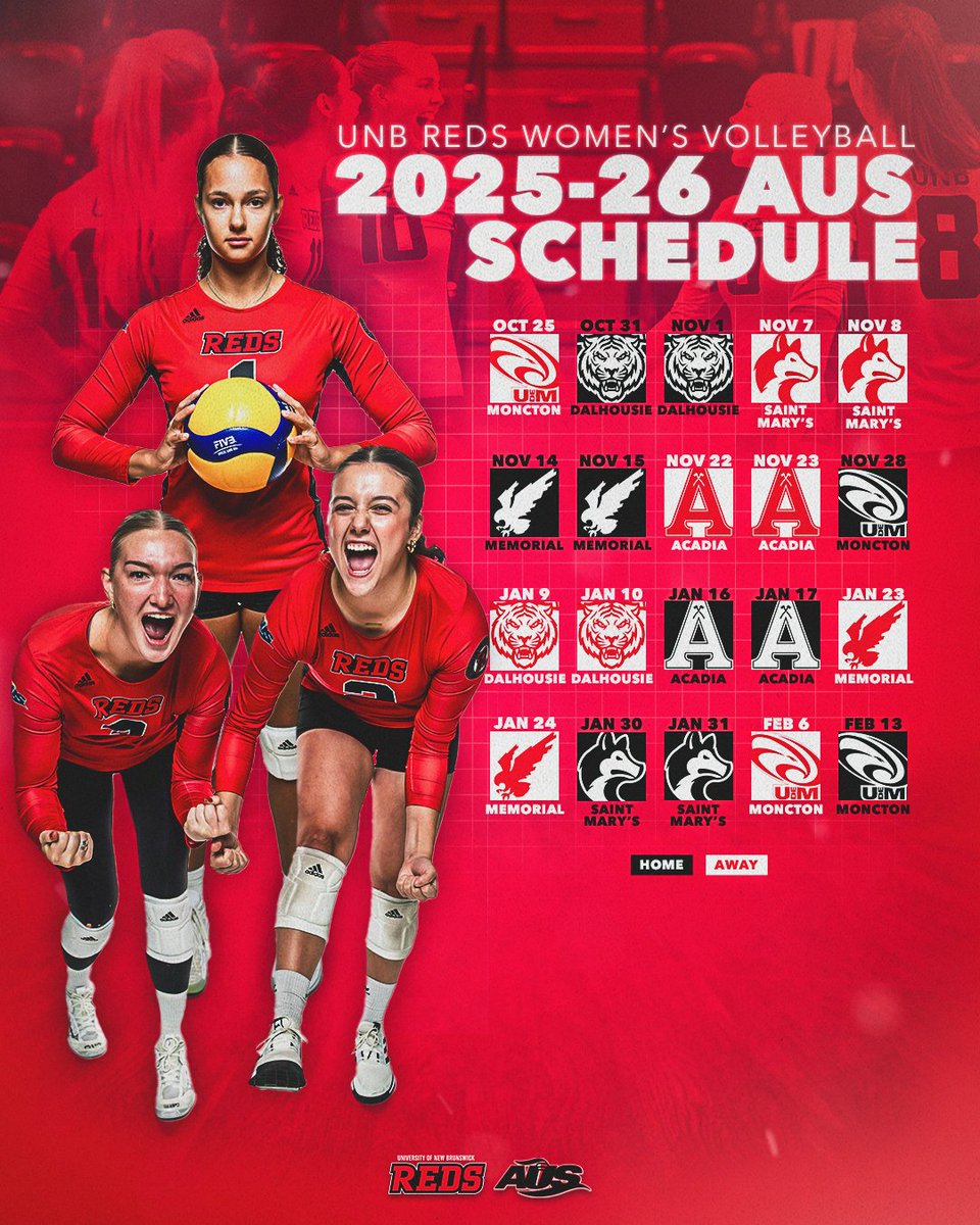 Mark your calendars 🗓️ 

The 2025-26 AUS Women's Volleyball schedule is HERE!

<a href="/unb_wvb/">UNB REDS Women's Volleyball</a> | #goredsgo