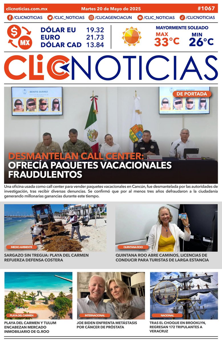 Infórmate ‼️ La portada en un CLIC📰👆🏻
🗓️Martes, 20 de mayo del 2025 
🌐clicnoticias.com.mx
#LalnformaciónEnUnClic #ClicNoticias
#news #QuintanaRoo #buenosdías #cancún
#goodmorning #QuintanaRoo #ClicNoticias
clicnoticias.com.mx