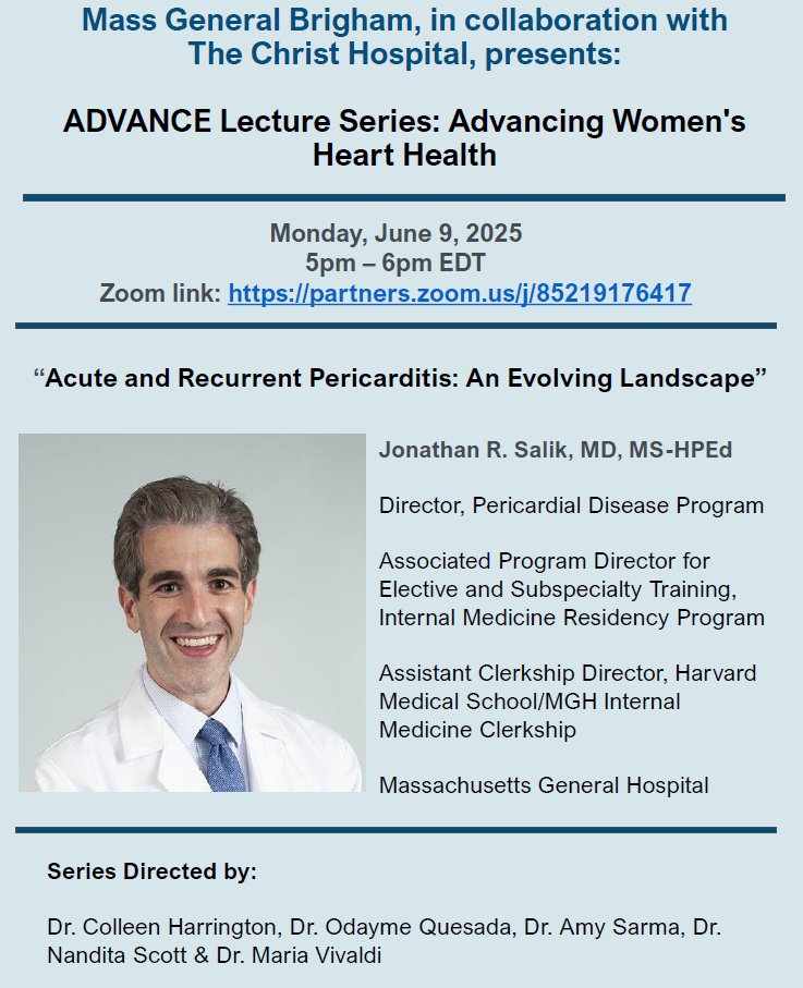 MGH Corrigan Women's Heart Health Program (@mghwomenheart) on Twitter photo Please join us on Monday, June 9th @ 5pm EDT! <a href="/MGHWomenHeart/">MGH Corrigan Women's Heart Health Program</a>, in collaboration with <a href="/TCHheart/">The Christ Hospital - H&V Institute - WHC</a>, will be hosting the ADVANCE Lecture Series: Advancing Women's Heart Health. This month's speaker will be <a href="/jonathan_salik/">Jonathan Salik, MD, MHPEd</a> 🩺🫀
<a href="/OdaymeMD/">Odayme Quesada, MD</a> <a href="/NanditaScottMD/">Nandita Scott</a> <a href="/sarma_amy/">Amy Sarma</a> <a href="/MassGeneralMDs/">Mass General MDs</a> Please join us on Monday, June 9th @ 5pm EDT! <a href="/MGHWomenHeart/">MGH Corrigan Women's Heart Health Program</a>, in collaboration with <a href="/TCHheart/">The Christ Hospital - H&V Institute - WHC</a>, will be hosting the ADVANCE Lecture Series: Advancing Women's Heart Health. This month's speaker will be <a href="/jonathan_salik/">Jonathan Salik, MD, MHPEd</a> 🩺🫀
<a href="/OdaymeMD/">Odayme Quesada, MD</a> <a href="/NanditaScottMD/">Nandita Scott</a> <a href="/sarma_amy/">Amy Sarma</a> <a href="/MassGeneralMDs/">Mass General MDs</a>