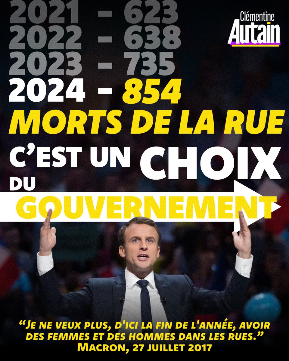 Clem_Autain's tweet photo. Ce mardi, le collectif @Mortsdelarue  se rassemble pour rendre hommage aux 855 personnes sans abris décédées prématurément en 2024.
Vivre à la rue, ce sont des corps qui s'usent, des esprits qui fatiguent, c'est affronter chaque jour une petite mort : la faim et la soif, l'hiver ou la canicule, l'indifférence jusqu'à l'effacement.

Ce sont des personnes qui reçoivent de plein fouet la violence d'une solidarité hésitante devant l'altérité de personnes marginalisées par l'errance, la solitude, parfois l'alcool. La rue aggrave encore la vulnérabilité face aux violences, sexistes, racistes ou validistes.

La précarité gagne du terrain et la pauvreté persiste : 4,2 millions de Français souffrent aujourd'hui du mal logement. C'est énorme.
Le logement est un besoin fondamental. Ce n'est pas seulement un toit contre le froid et la pluie, c'est une carte d'entrée dans la société, pour ouvrir un compte en banque, recevoir ses droits, exister comme citoyen.

La situation des personnes à la rue n'a pourtant rien d'une fatalité, et d'autres pays l'ont prouvé. La Finlande, par exemple, a adopté un système qui est à l'opposé du nôtre : le logement d'abord. Garantir un toit à ceux qui en ont besoin, pour permettre la réinsertion ensuite. Non seulement ce fonctionnement est viable, mais il permet en plus d'économiser 15 000 euros par personne et par an à l'Etat.

Alors pourquoi ne pas suivre cet exemple qui a fait ses preuves depuis 30 ans ? Car notre société est prisonnière d'une idéologie du mérite, qui considère la pauvreté comme une faute et jamais comme une injustice.

Pendant que le Macronisme ouvre la porte en grand à la marchandisation et multiplie les cadeaux aux plus riches, les pouvoirs publics font le contraire de ce que la raison exige : politique de logement social inexistante, durcissement des conditions d'accès au RSA, diminution des aides au logement ; les plus précaires sont laissés pour compte.

Pire encore : des bancs anti-SDF aux arrêtés municipaux anti-mendicité, en passant par le délogement de sans-abri lors des jeux olympiques, la misère est stigmatisée et cachée plutôt que d'être combattue. Ce que révèle cette stratégie silencieuse, c'est un Etat déshumanisé, une élite politique déconnectée, qui considèrent l'humain comme une variable comptable, dans nos rues, nos écoles et nos hôpitaux.

Quand injustice et inaction se rencontrent, il est plus que temps de revoir notre copie.