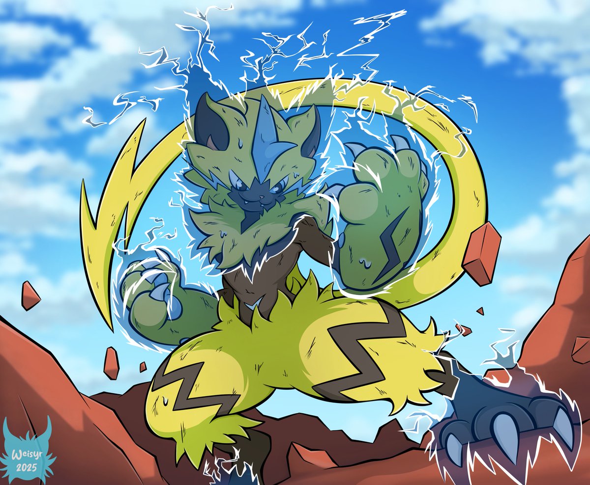 More Zeraora! With some lightning armor effects~
As well as me doing a background with actual line art because I wanted to see how it felt.