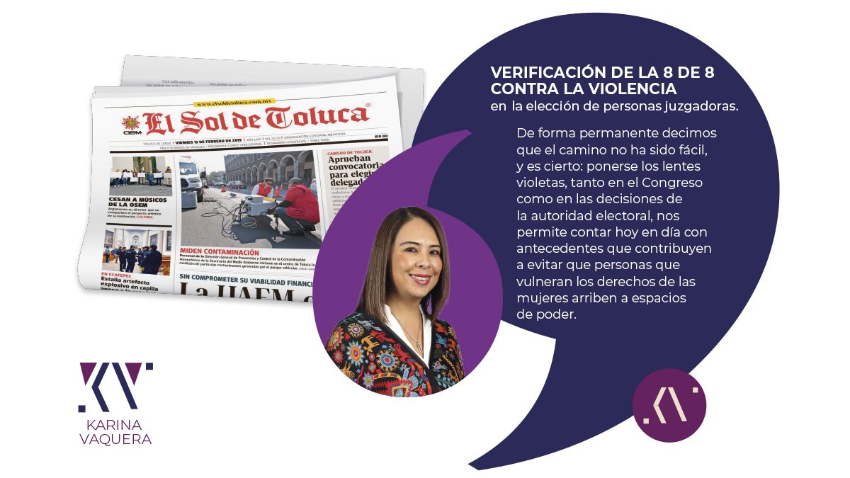 karina_vaquera's tweet photo. Quienes ejercen violencia no deben estar en espacios de poder.
La verificación de la 8 de 8 busca justo eso: protegernos, cuidar los derechos y garantizar justicia más humana.
Te cuento más en mi columna en @SOLTOLUCA.
@IEEM_MX
Link: https://t.co/69YSVCCcTy
#8de8 #ElecciónJudicial2025 #VotoInformado