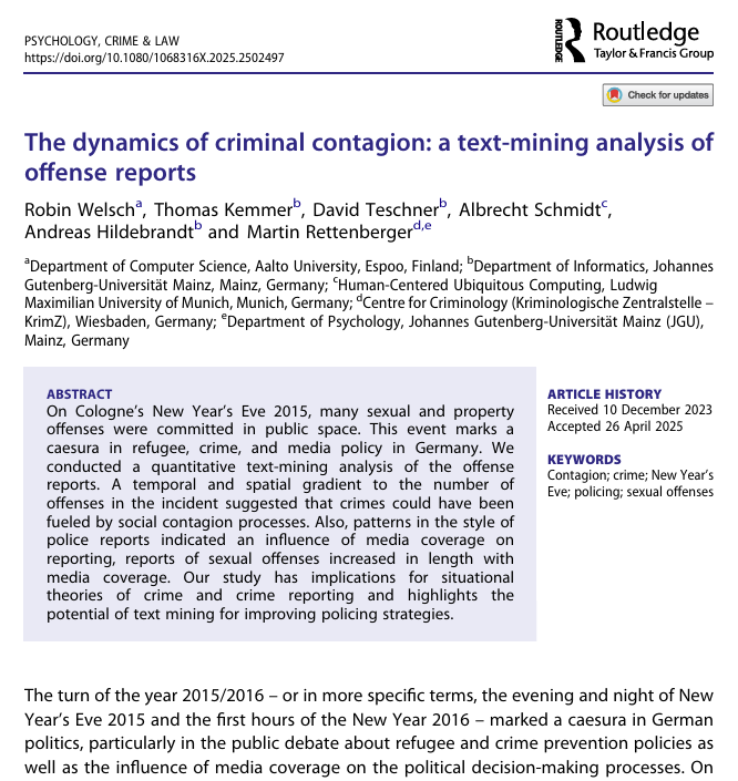 📢We have just published new research about  

the dynamics of criminal contagion ⚠️

🧠A text-mining analysis of offense reports from Cologne’s New Year’s Eve 2015 👮‍♀️👮👮‍♂️

👉The research paper is available here researchgate.net/publication/39…