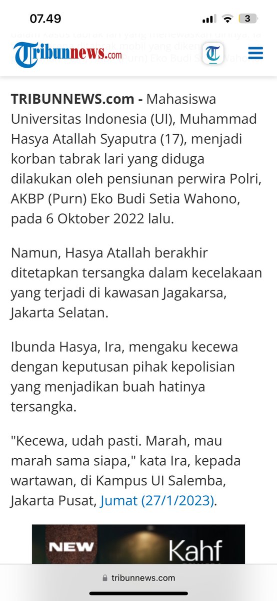 Jangan lupa jg dengan Hasya, mahasiswa baru FISIP UI angkatan 22 yg sangat berprestasi di bidang taekwondo, tewas ditabrak oleh purnawirawan polisi. Saat itu, bukannya mendapatkan keadilan, Hasya malah dijadikan tersangka. Lagi2 membuktikan gagalnya sistem keadilan di negeri ini.