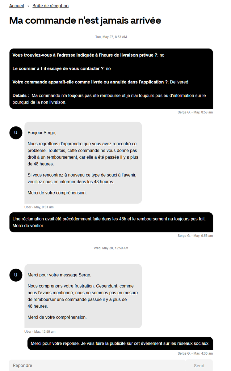 DCratie's tweet photo. #UberEats 
‼️URGENT ‼️Attention Uber Eats en cas de problème ils ne remboursent pas ‼️ https://t.co/9vmQyql8GU