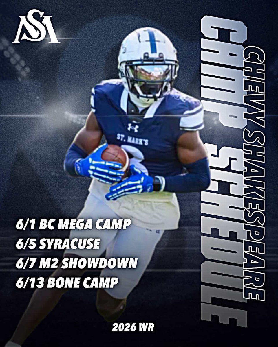 Chevaunie {Chevy} Shakespeare. (@chevaunies) on Twitter photo COACHES here is my camp schedule for this year! Excited to showcase what I can do. <a href="/CoachKG5/">Ken Goodwin</a> <a href="/StMarksFootball/">St. Marks Football</a> <a href="/PRZ_CoachQuisse/">Coach Marquisse Silva</a> <a href="/CoachMartinESA/">Coach Martin</a> <a href="/Coach_JDiBiaso/">Jonathan DiBiaso</a> <a href="/allpraisesdue7/">Stack Williams</a> <a href="/M2_QBacademy/">M2 QB Academy</a> <a href="/M_White03/">Myles White</a> COACHES here is my camp schedule for this year! Excited to showcase what I can do. <a href="/CoachKG5/">Ken Goodwin</a> <a href="/StMarksFootball/">St. Marks Football</a> <a href="/PRZ_CoachQuisse/">Coach Marquisse Silva</a> <a href="/CoachMartinESA/">Coach Martin</a> <a href="/Coach_JDiBiaso/">Jonathan DiBiaso</a> <a href="/allpraisesdue7/">Stack Williams</a> <a href="/M2_QBacademy/">M2 QB Academy</a> <a href="/M_White03/">Myles White</a>