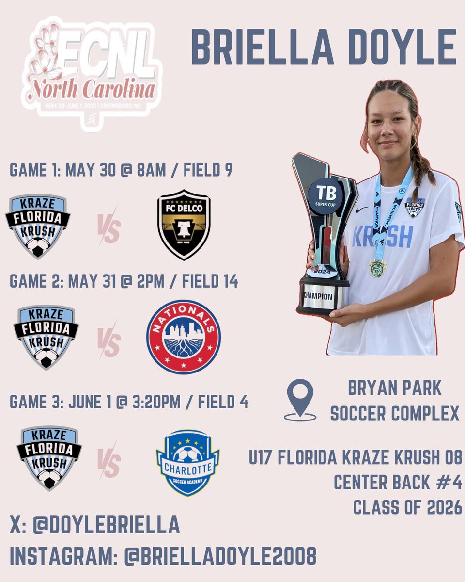 Excited to attend the ECNL North Carolina Spring Event with my Florida Kraze Krush teammates. <a href="/ImYouthSoccer/">ECNL/GA/Recruiting/College Soccer</a> <a href="/ECNLgirls/">ECNL Girls</a>