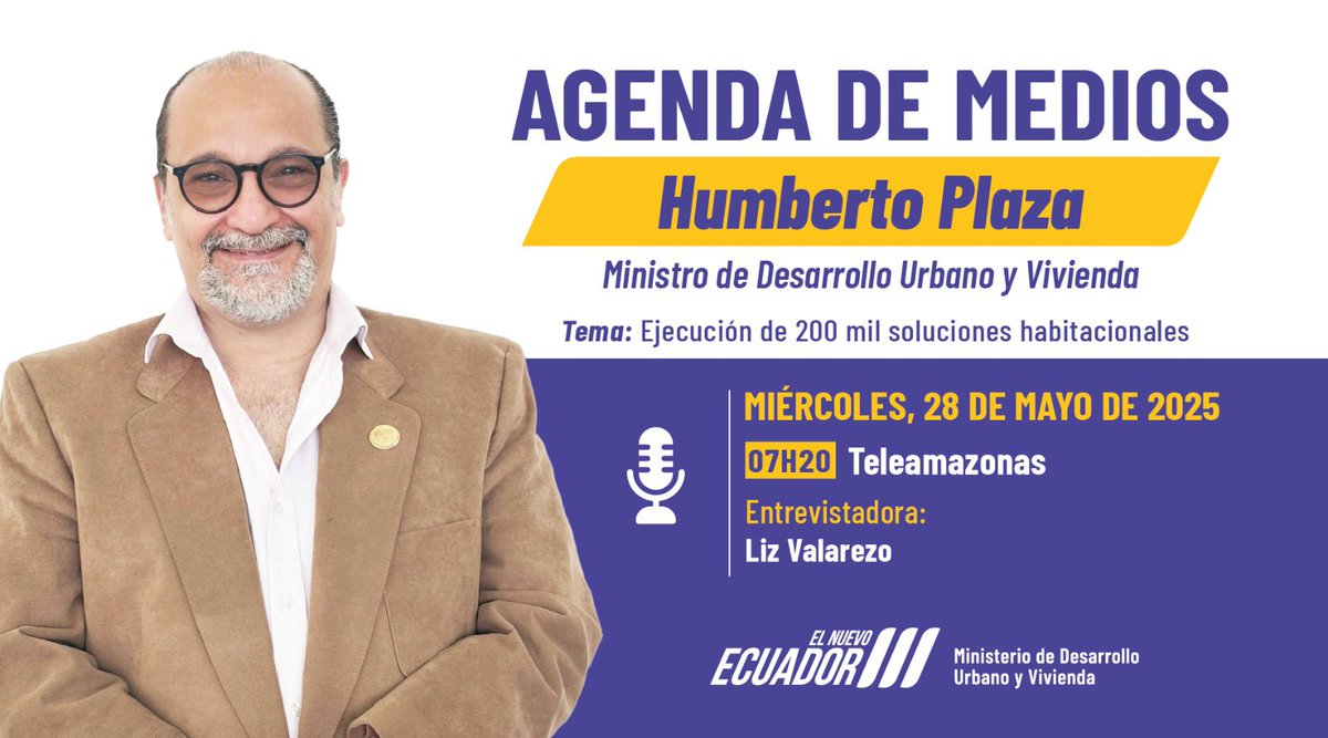 #MiduviEnMedios 🎙️ | ¡Conoce más sobre nuestra gestión! 🇪🇨

Sigue la entrevista que el ministro Humberto Plaza mantendrá en <a href="/teleamazonasec/">Teleamazonas</a>.

🗓️ Miércoles, 28 de mayo
⏰ 07:20
🏡 Tema: Ejecución de 200 mil soluciones habitacionales en #ElNuevoEcuador

#ElNuevoEcuadorResuelve