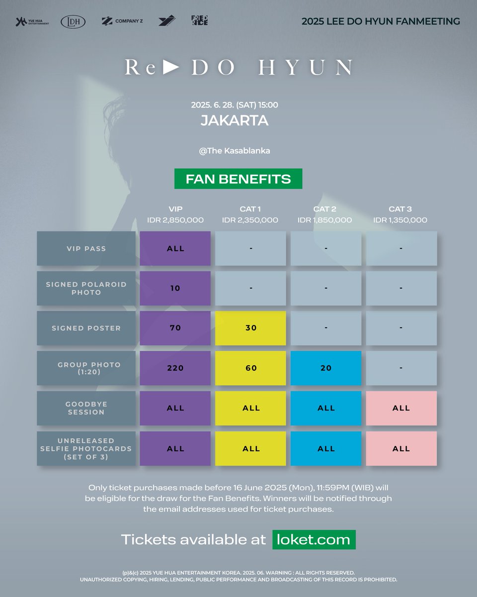 friedrice_live's tweet photo. Tickets for 2025 LEE DO HYUN FANMEETING [Re ▶ DO HYUN] in JAKARTA are now on sale! Don’t miss this chance to catch the charming actor right here in Jakarta and stand to win exclusive fan benefits 🇮🇩💓

📅 Date: 28 June 2025 (Sat) ​
⏰ Time: 3PM ​
📍 Venue: The Kasablanka​
🎫 *Ticket Prices: VIP – IDR 2,850,000 / CAT 1 - IDR 2,350,000 / CAT 2 – IDR 1,850,000 / CAT 3 – IDR 1,350,000 ​
 ​
 *All ticket prices exclude Government Tax, Platform Fee and Convenience Fee

🎟️ 🔗:  https://t.co/FYBE8hiP3b

#이도현 #LEEDOHYUN #Re_DOHYUN #Re_DOHYUN_in_JKT #YJPARTNERS #FriedRiceEnt @ldh_official