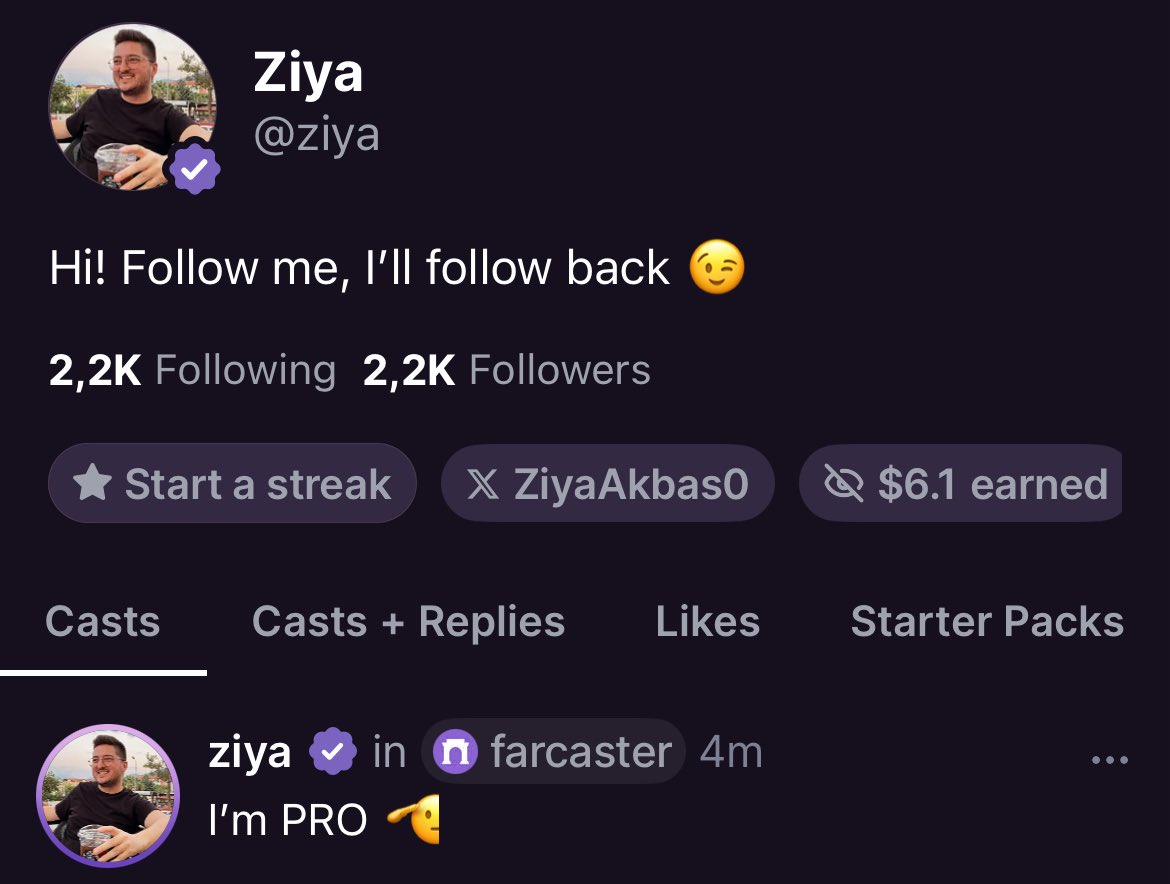 I’m a PRO at <a href="/farcaster_xyz/">Farcaster</a> ✌🏻

Follow me on Farcaster and I'll follow back 😉