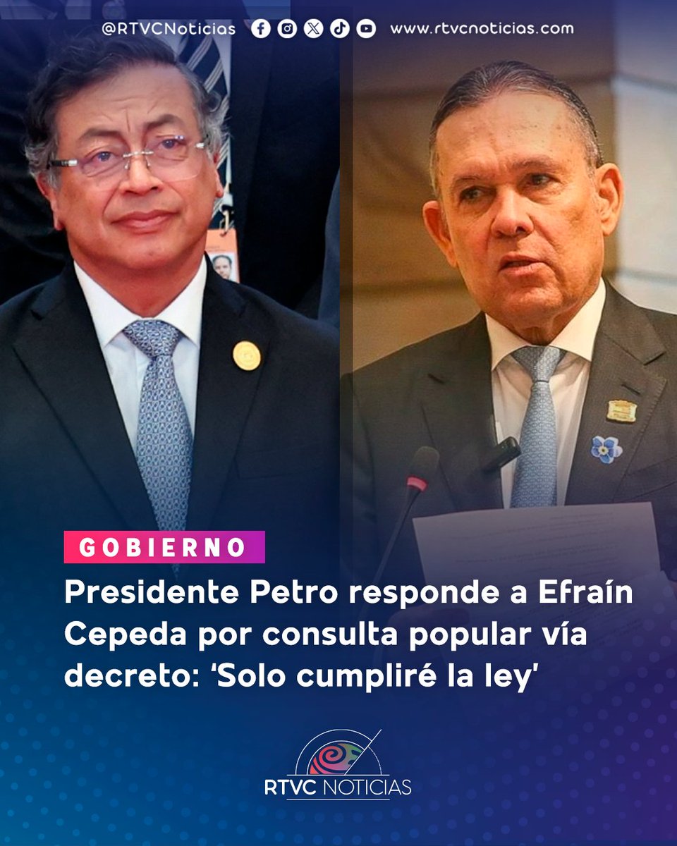 RTVC Noticias (@rtvcnoticias) on Twitter photo 🗣️ El presidente <a href="/petrogustavo/">Gustavo Petro</a> argumentó que solo cumplirá la ley luego de anunciar que, si no hay una decisión en el Senado antes del 1 de junio, podría convocar la consulta popular vía decreto.
🔴 Más detalles de lo que dice el presidente en: lc.cx/N8o5rn 🗣️ El presidente <a href="/petrogustavo/">Gustavo Petro</a> argumentó que solo cumplirá la ley luego de anunciar que, si no hay una decisión en el Senado antes del 1 de junio, podría convocar la consulta popular vía decreto.
🔴 Más detalles de lo que dice el presidente en: lc.cx/N8o5rn