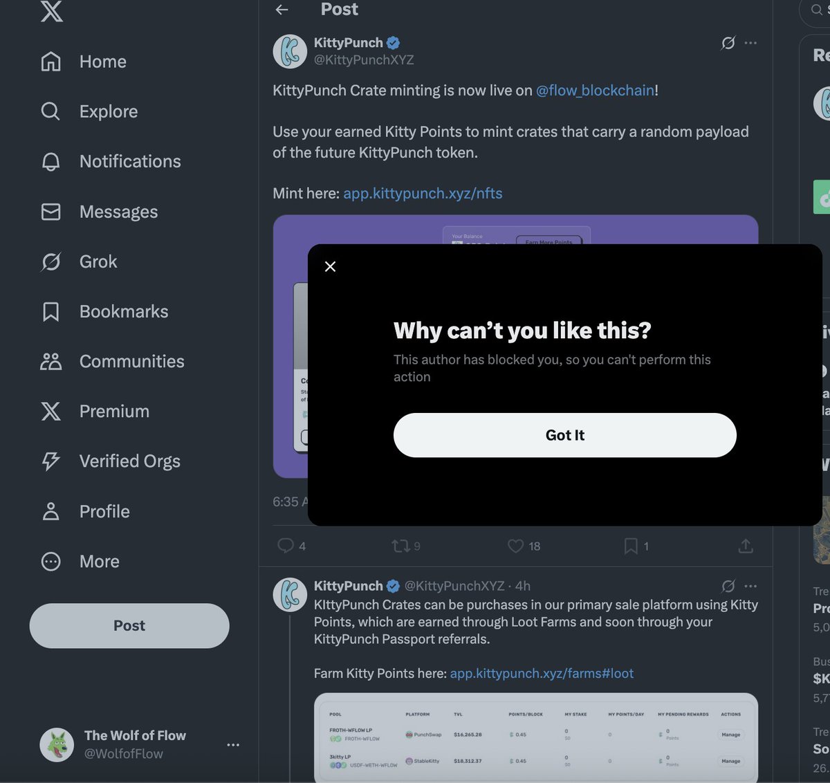 New  LEVEL this is we have been blocked liking posts by <a href="/KittyPunchXYZ/">KittyPunch</a> ???????????????????

Wow a Flow Blockchain EVM meme coin that is tradeable on their platform and they are blocking us!

<a href="/flow_blockchain/">Flow.com</a> what the f....
