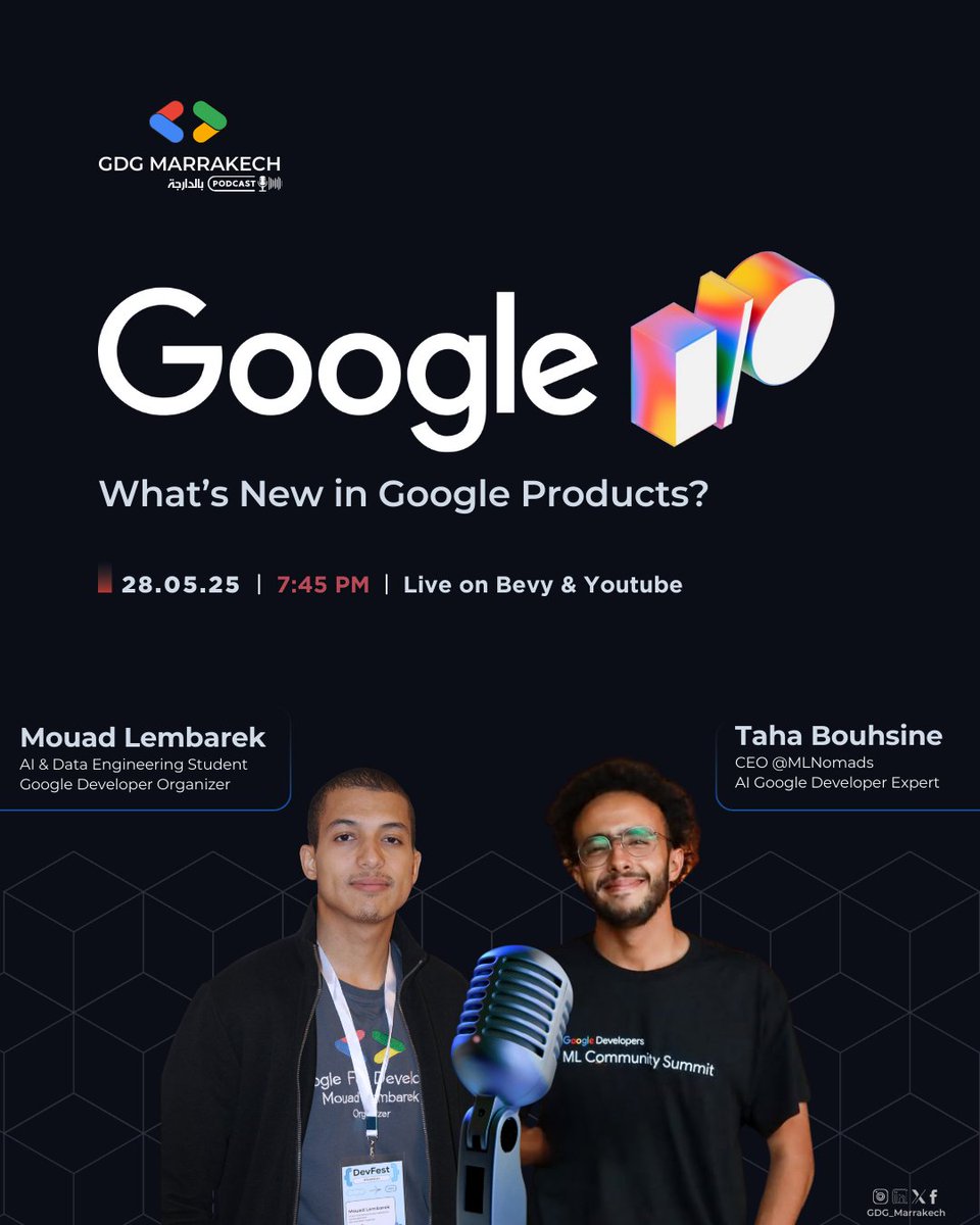 GDG_Marrakech's tweet photo. Salaamm GDG Marrakech Community!
🔥🔥🎉
We’re excited to invite you to a tech session by @Tahabsn &amp; Mouad Lembarek , hosted by Mouad Lembarek  🚀

📅 Date: Wednesday, May 28th
🕘 Time: 7:45 PM
📍Get your ticket via the link : https://t.co/HplcbbbvKl… https://t.co/b7fZY1H1YW