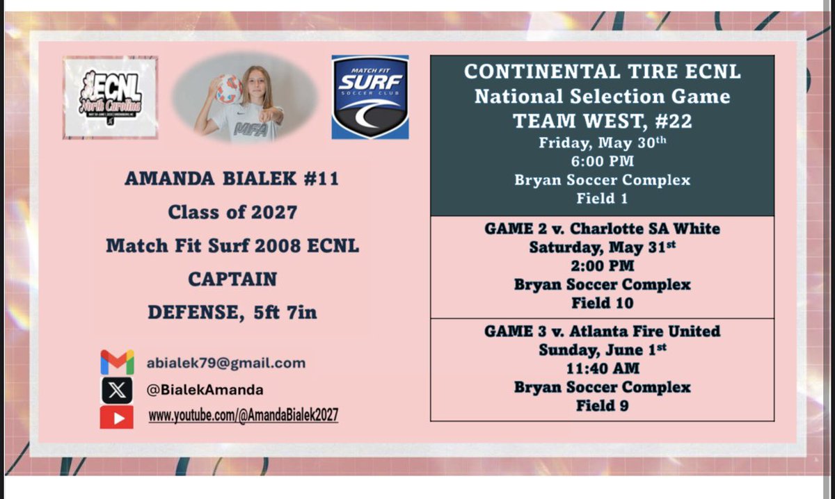 Amanda Bialek (2027) | NCAA #2501499356 (@bialekamanda) on Twitter photo ECNL NC SCHEDULE & CONTINENTAL TIRE NATIONAL SELECTION GAME - Let’s go Team WEST! Thank you <a href="/ECNLgirls/">ECNL Girls</a> and <a href="/MFAGirlsAcademy/">MatchFitGirlsAcademy</a>.
<a href="/ECNLgirls/">ECNL Girls</a> <a href="/USWNT/">U.S. Women's National Soccer Team</a> <a href="/USYNT/">U.S. Soccer YNT</a> <a href="/TopDrawerSoccer/">TopDrawerSoccer</a> <a href="/TheSoccerWire/">SoccerWire</a> <a href="/ImYouthSoccer/">ECNL/GA/Recruiting/College Soccer</a> <a href="/ImCollegeSoccer/">College Soccer Truth ™</a> <a href="/VicOlorunfemi10/">Victor Olorunfemi</a> <a href="/scoutingzone/">ScoutingZone®</a> <a href="/TopPreps/">SPORTS NEWS, VIDEOS, GRAPHICS, EXPOSURE & MORE</a> <a href="/ddscrfun/">diane drake</a> ECNL NC SCHEDULE & CONTINENTAL TIRE NATIONAL SELECTION GAME - Let’s go Team WEST! Thank you <a href="/ECNLgirls/">ECNL Girls</a> and <a href="/MFAGirlsAcademy/">MatchFitGirlsAcademy</a>.
<a href="/ECNLgirls/">ECNL Girls</a> <a href="/USWNT/">U.S. Women's National Soccer Team</a> <a href="/USYNT/">U.S. Soccer YNT</a> <a href="/TopDrawerSoccer/">TopDrawerSoccer</a> <a href="/TheSoccerWire/">SoccerWire</a> <a href="/ImYouthSoccer/">ECNL/GA/Recruiting/College Soccer</a> <a href="/ImCollegeSoccer/">College Soccer Truth ™</a> <a href="/VicOlorunfemi10/">Victor Olorunfemi</a> <a href="/scoutingzone/">ScoutingZone®</a> <a href="/TopPreps/">SPORTS NEWS, VIDEOS, GRAPHICS, EXPOSURE & MORE</a> <a href="/ddscrfun/">diane drake</a>