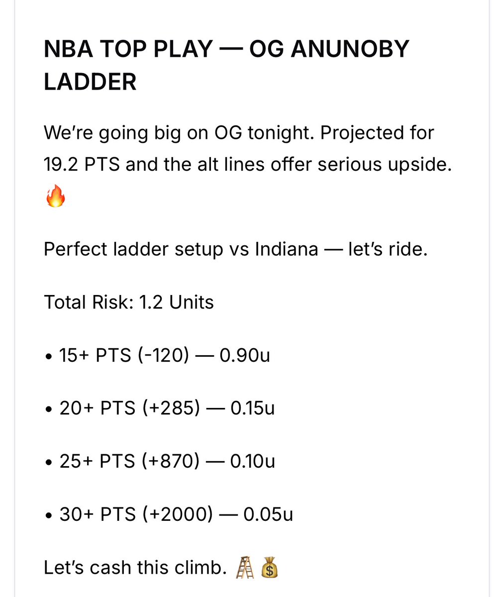 Dfs4Everyone's tweet image. OG Anunoby sitting at 13 POINTS at the half.

Will he climb the full ladder? 👀📈

We’re LIVE on all rungs:
• ✅15+
• 🔜20+
• 🔜25+
• 🔜30+

Let’s finish this climb!
#NBATwitter #LadderPlay #DFS4Everyone #MaxUnitMafia #GamblingTwitter #Knicks #Pacers #SportsBetting #LiveSweat