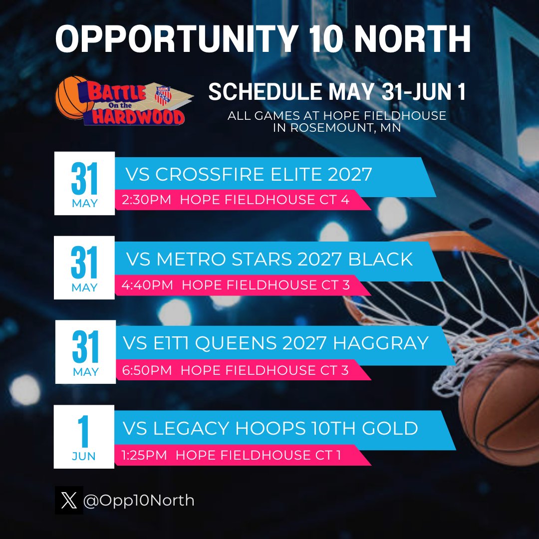 Opportunity 10 North (@opp10north) on Twitter photo Come see our players this weekend! May 31-Jun 1 in Rosemount, MN for Battle on the Hardwood. Multiple college potential players on this team. The team has incredible momentum right now. So proud of their growth and hard work!
<a href="/AllyMcGinnis2/">Ally</a> <a href="/FiveStateHoops/">Five State Hoops</a> <a href="/EricJrAllStar/">EricJrAllStar</a> Come see our players this weekend! May 31-Jun 1 in Rosemount, MN for Battle on the Hardwood. Multiple college potential players on this team. The team has incredible momentum right now. So proud of their growth and hard work!
<a href="/AllyMcGinnis2/">Ally</a> <a href="/FiveStateHoops/">Five State Hoops</a> <a href="/EricJrAllStar/">EricJrAllStar</a>