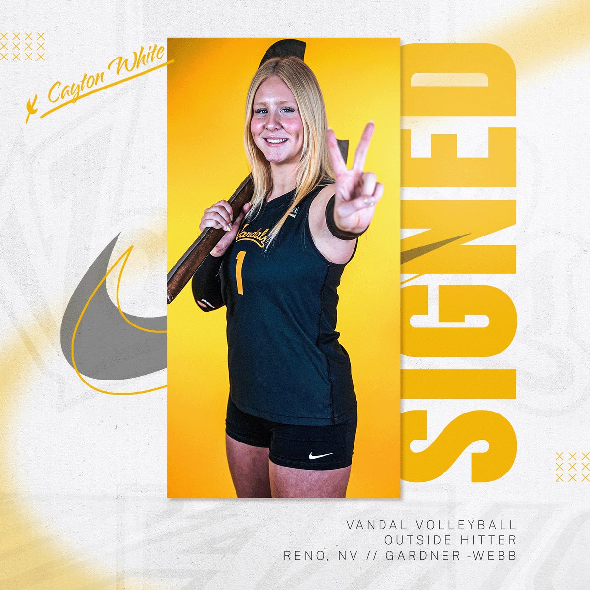 𝑨𝒅𝒅𝒊𝒏𝒈 𝒂 𝑾𝒆𝒂𝒑𝒐𝒏 😈

From the Big South to the Big Sky, Vandal Volleyball’s newest member of the family is outside hitter Cayton White! ✌️

The former conference POTW will add some firepower to the Vandal offense 💥

#GoVandals | #VandalFamily