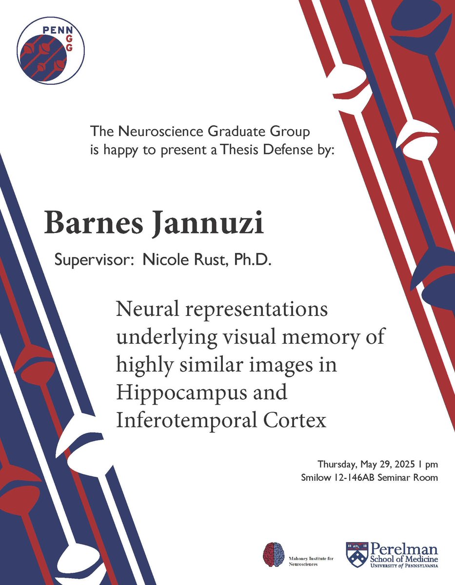 PennNGG's tweet image. #NGG is proud to present our next Thesis Defense given by Barnes Jannuzi of the Rust Lab @NicoleCRust!  Please join us in person or virtually (DM us for the link) on 5/29. Best of luck, Barnes! #PhAlmostDone 🥳