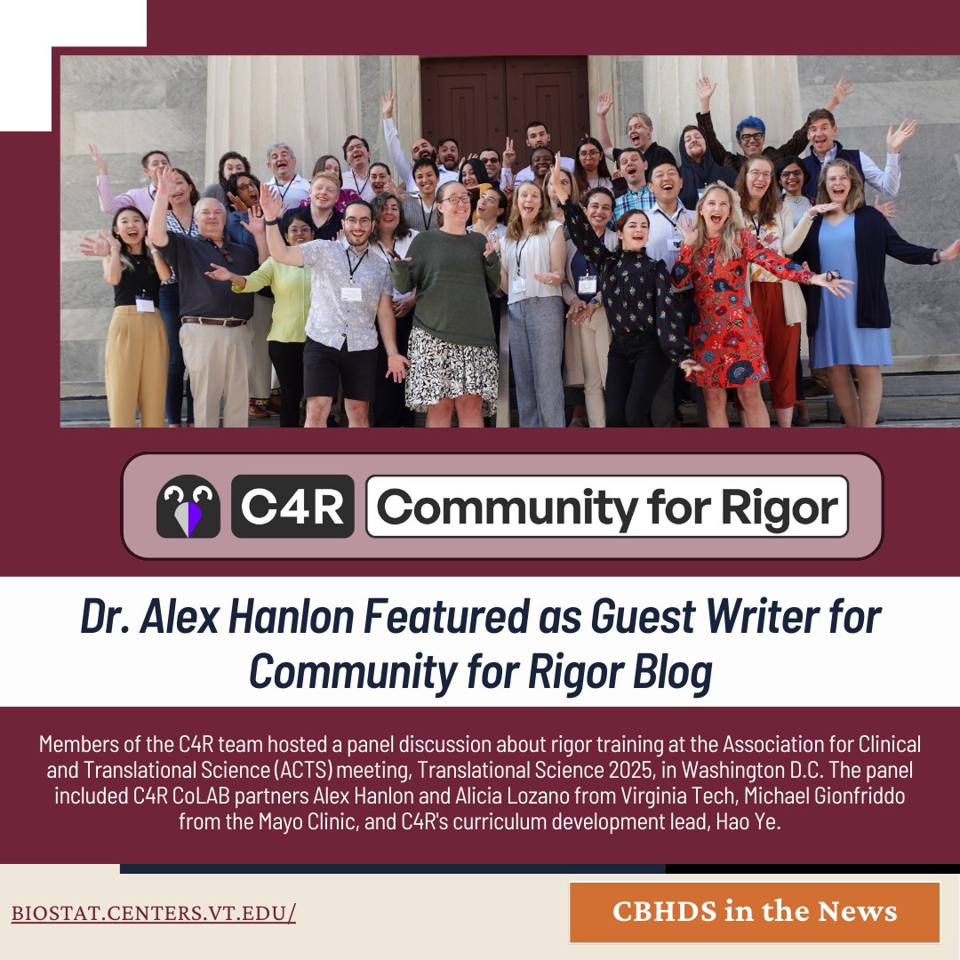 Virginia Tech CBHDS (@vt_biostats) on Twitter photo Our director Dr. Alexandra Hanlon recently guest blogged for <a href="/comm4rigor/">Community For Rigor (C4R)</a>, sharing thoughts on strengthening rigor and reproducibility in translational science. Read the full post here 👉 c4r.io/blogs-news/the…
#TranslationalScience #Community4Rigor #Biostatistics Our director Dr. Alexandra Hanlon recently guest blogged for <a href="/comm4rigor/">Community For Rigor (C4R)</a>, sharing thoughts on strengthening rigor and reproducibility in translational science. Read the full post here 👉 c4r.io/blogs-news/the…
#TranslationalScience #Community4Rigor #Biostatistics